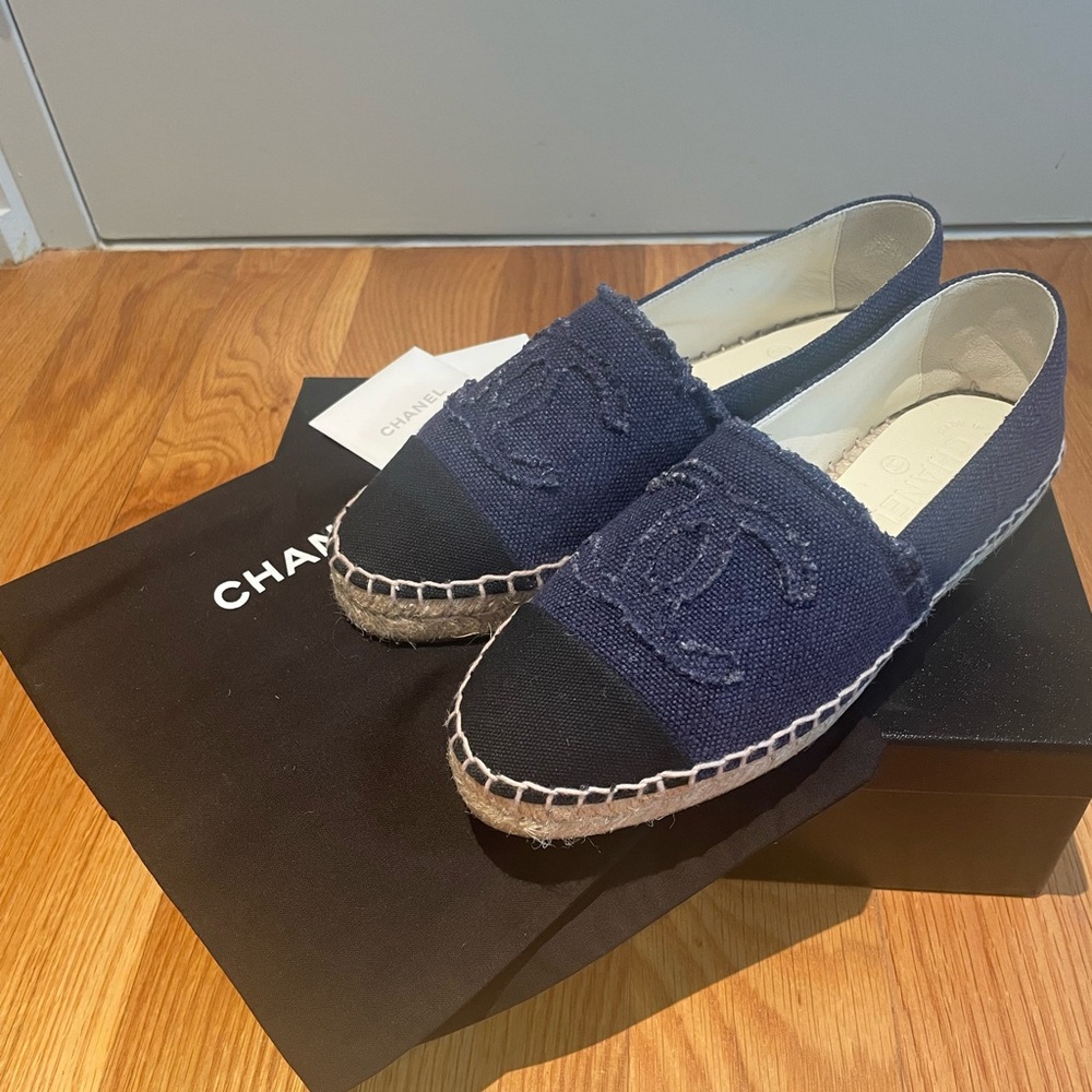 Chanel Blue and Black Linen Espadrilles 37